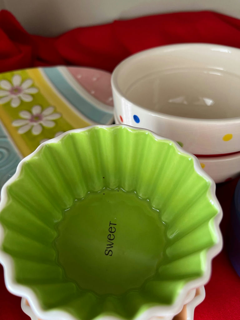 Colorful Spring dinnerware set with plates, bowls, ramekins, muffin cups and a metal pitcher - image 5 of 5