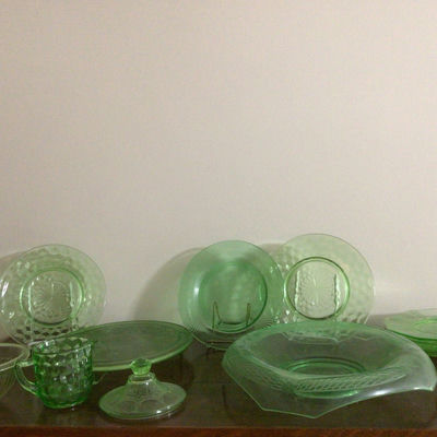 Green glassware collection (plates, bowls, and serving pieces) - Image 1 of 6