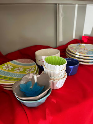 Colorful Spring dinnerware set with plates, bowls, ramekins, muffin cups and a metal pitcher - Image 1 of 5