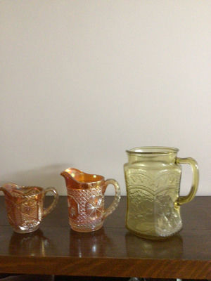 Set of three etched glass creamers and pitcher - Image 1 of 2