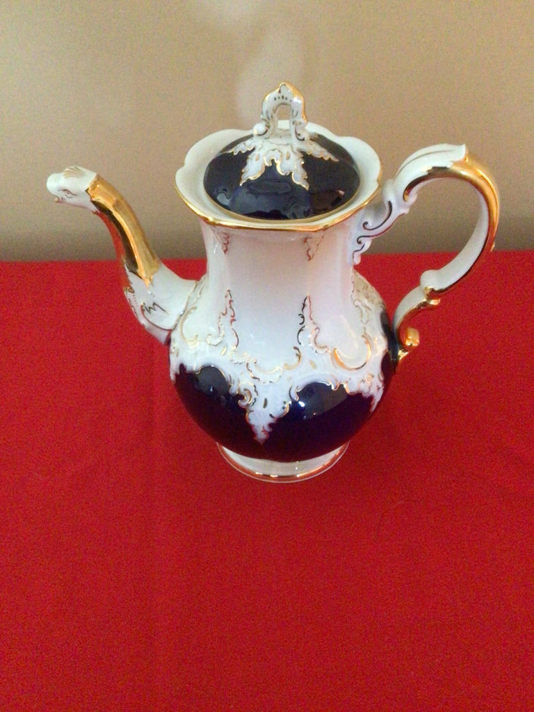 Porcelain coffee pot with lid in blue and white with gold trim - image 1 of 4
