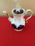 Porcelain coffee pot with lid in blue and white with gold trim - thumbnail 1 of 4