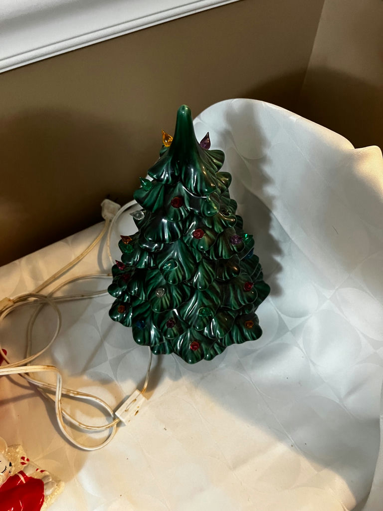 Green Ceramic Christmas Tree with Lights and Small Red-Clad Figurine - image 2 of 2