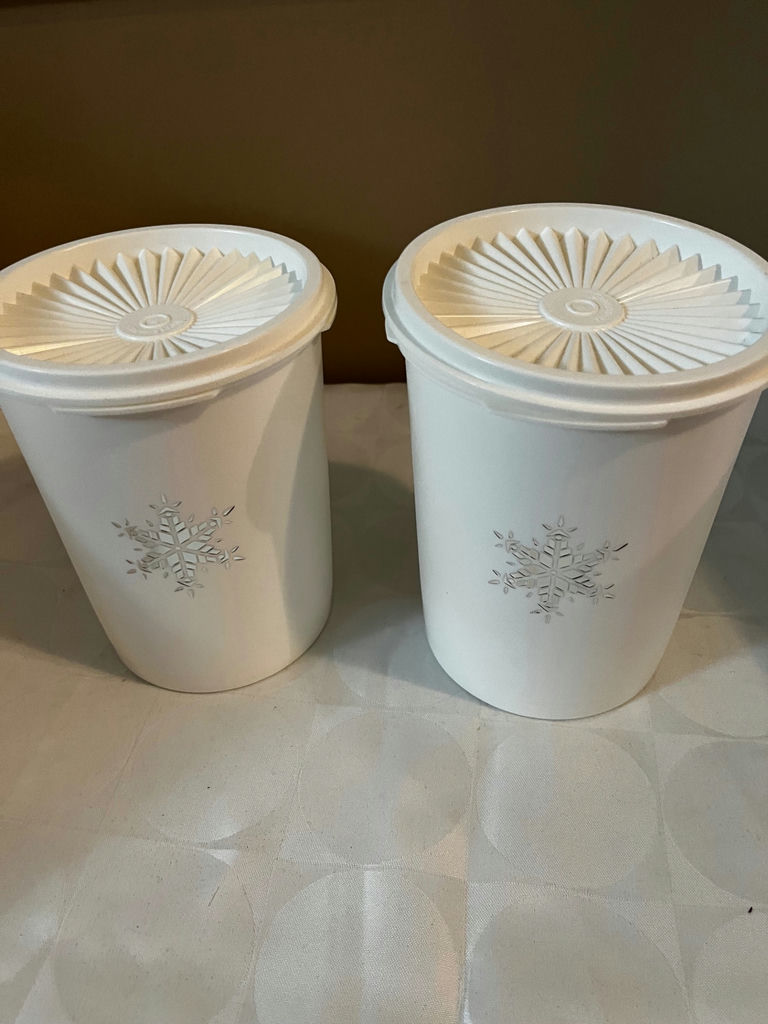 Pair of white Tupperware storage bins with snowflake decor - image 1 of 1