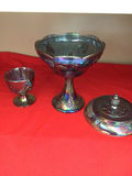 Iridescent glass compote with lid and matching goblet - thumbnail 2 of 2