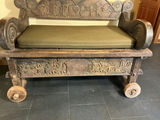 Antique carved wooden settle bench with cushion - thumbnail 2 of 11