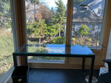 Glass and metal Desk, Floor Lamp, waste basket - thumbnail 1 of 6