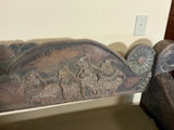 Antique carved wooden settle bench with cushion - thumbnail 4 of 11