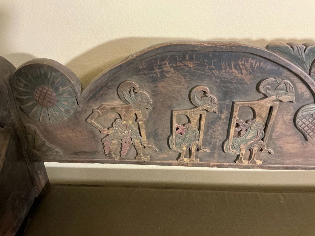 Antique carved wooden settle bench with cushion - image 11 of 11