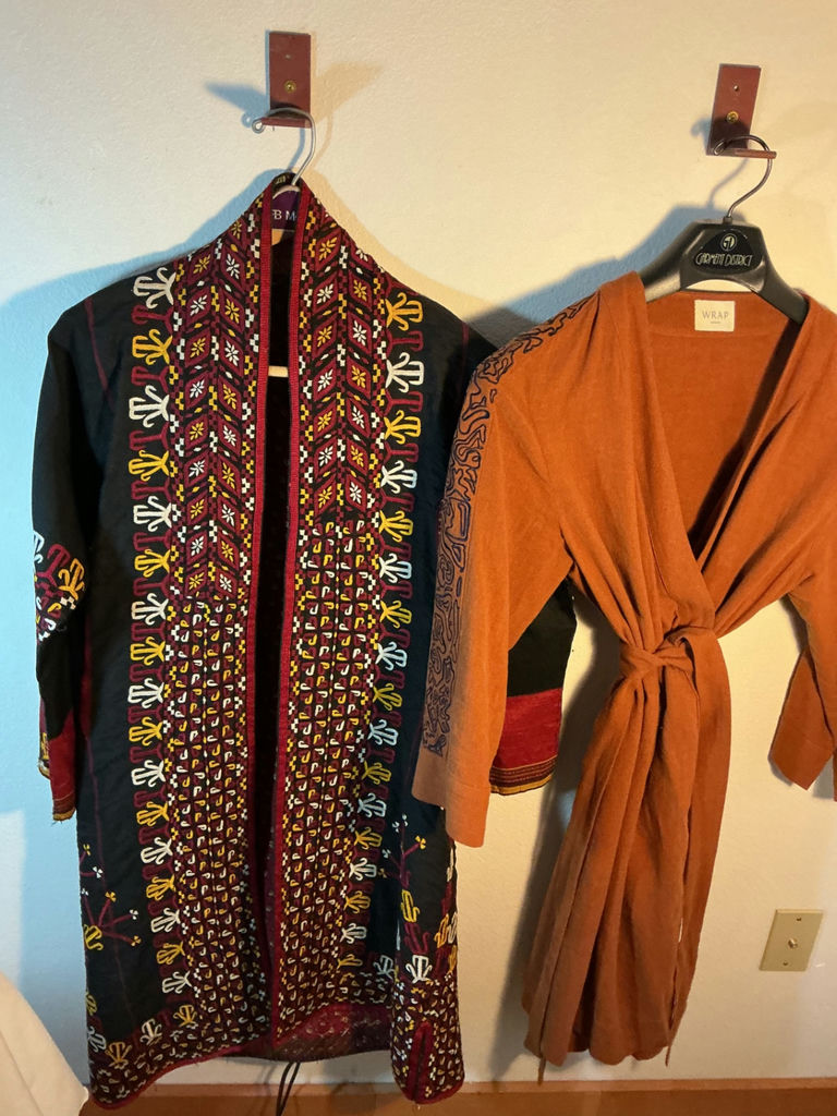 Tekke Turkmen chyrpy coat, and linen wrap dress - image 1 of 8