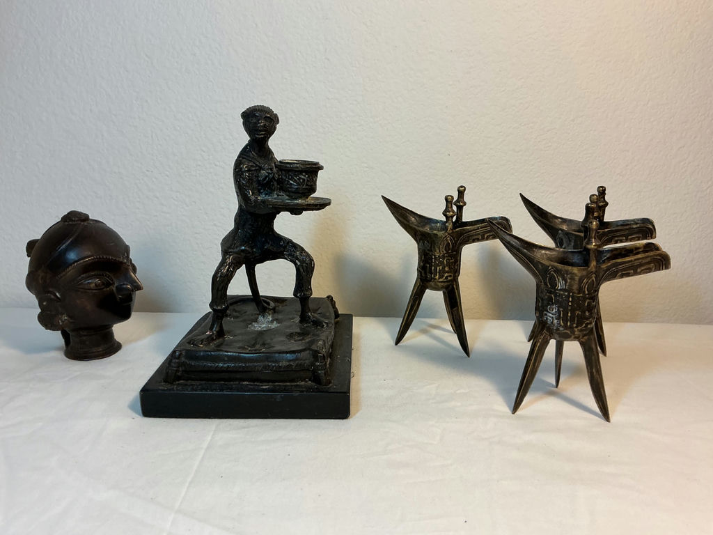Vintage Bronze Monkey, 3 Antique Chinese Jue, and a carved bust - image 1 of 12