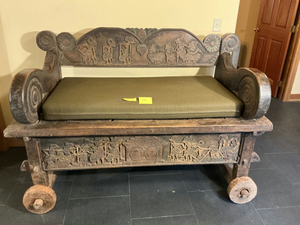Antique carved wooden settle bench with cushion - image 1 of 11
