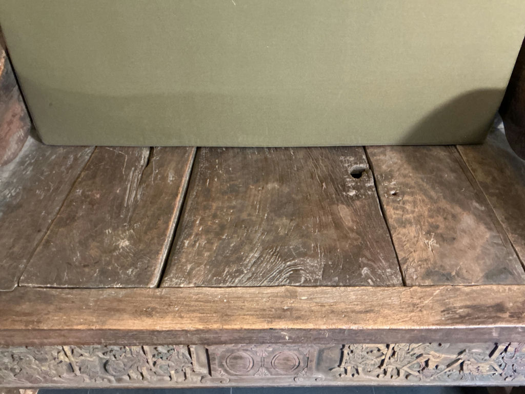 Antique carved wooden settle bench with cushion - image 6 of 11