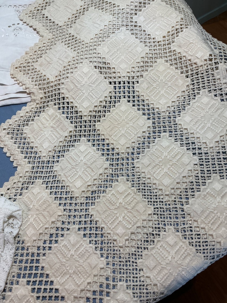 Assorted linen textiles: lace, embroidery, and plaid fabric - image 2 of 6