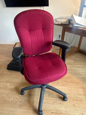 Red office chair with whiteboard and assorted office supplies - Image 1 of 9