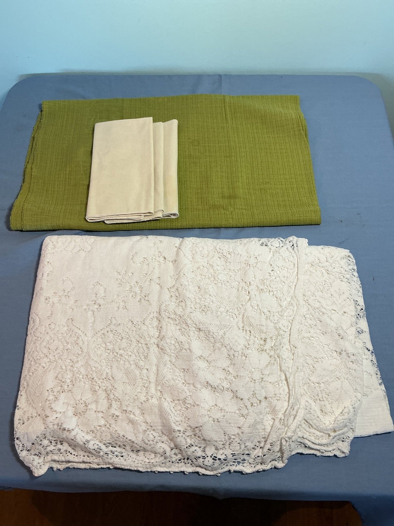 Assorted linen textiles: lace, embroidery, and plaid fabric - image 6 of 6