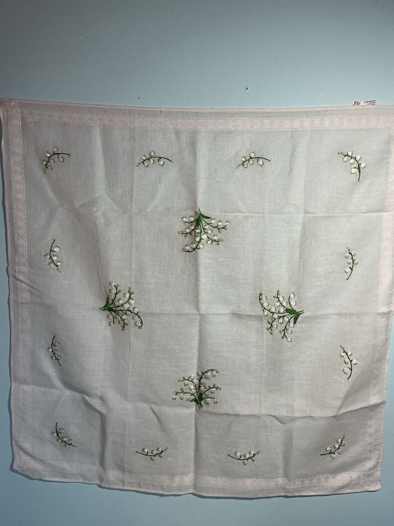 Assorted linen textiles: lace, embroidery, and plaid fabric - image 3 of 6