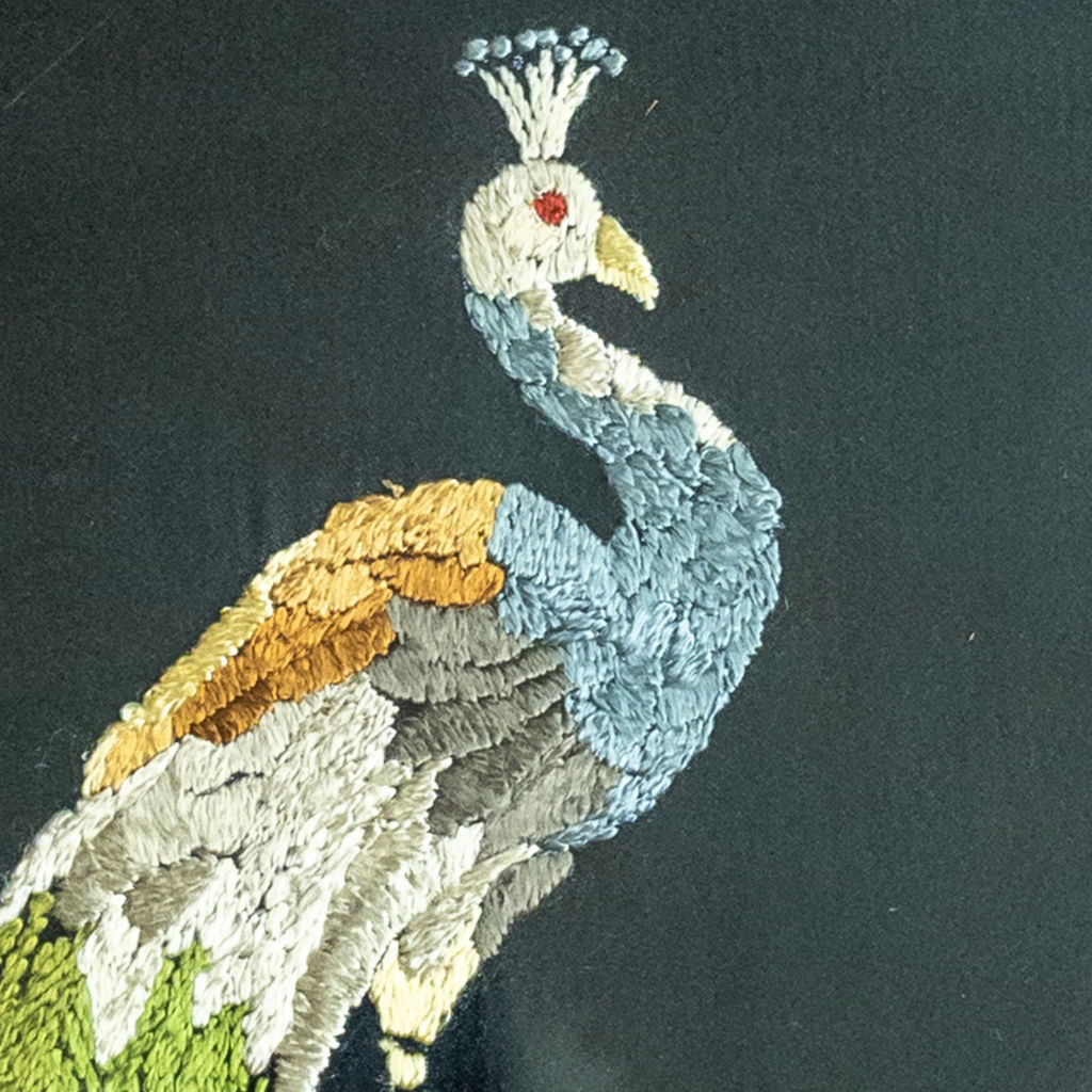 Vintage Framed Hand-Embroidered Peacock Folk Art - image 2 of 9
