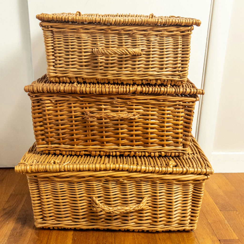 Vintage Wicker Lidded Hampers Stack, Set of 3 - image 1 of 14