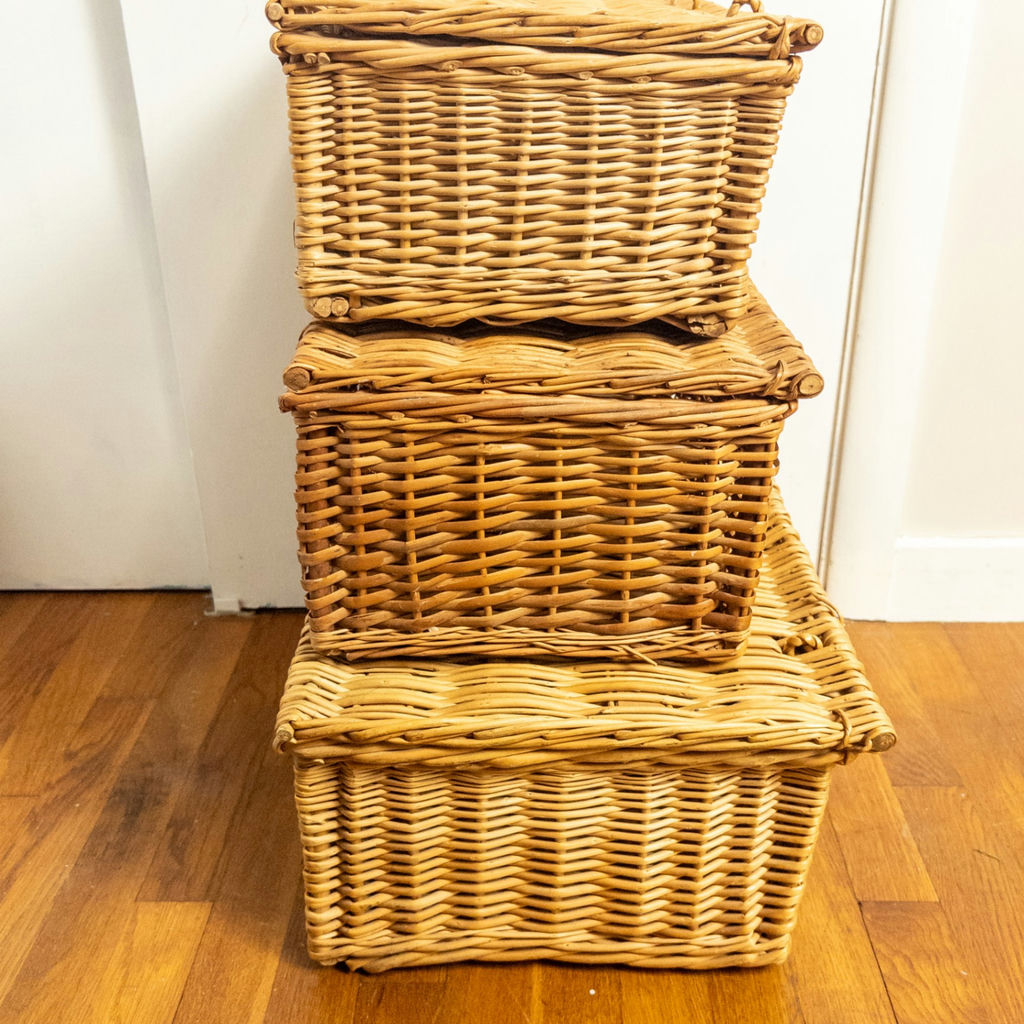 Vintage Wicker Lidded Hampers Stack, Set of 3 - image 2 of 14