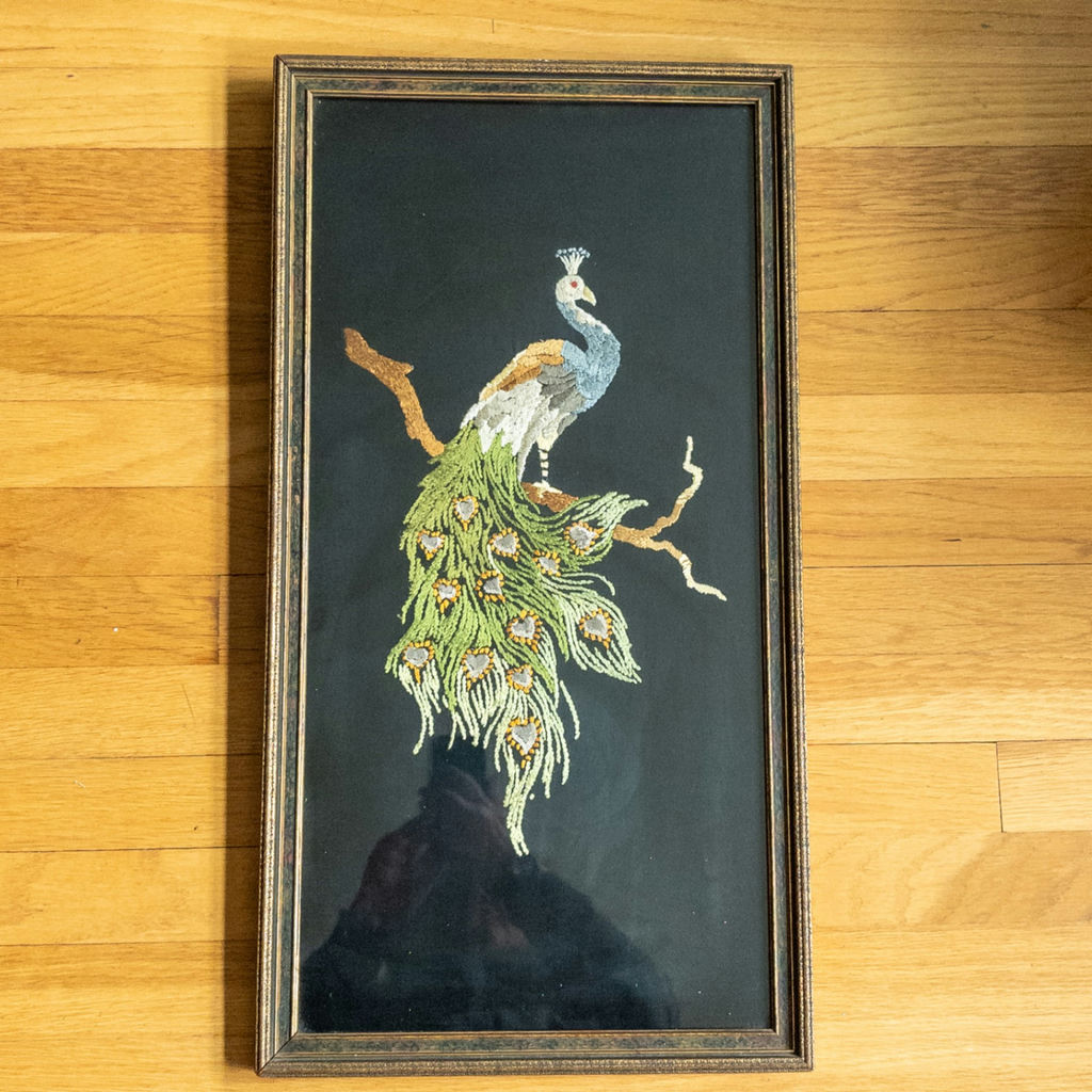 Vintage Framed Hand-Embroidered Peacock Folk Art - image 1 of 9