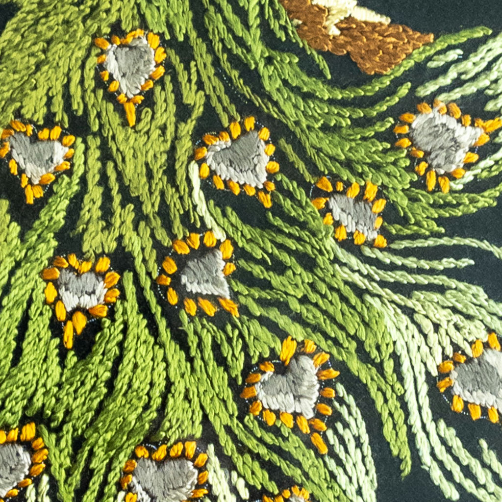 Vintage Framed Hand-Embroidered Peacock Folk Art - image 3 of 9