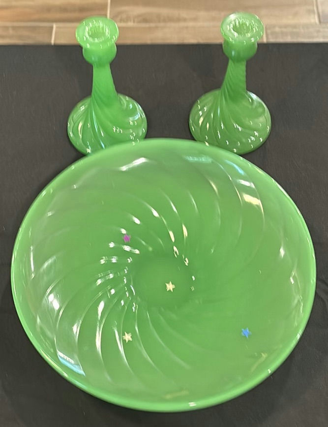 Green Glass Bowl and Pair of Candlesticks - image 1 of 4