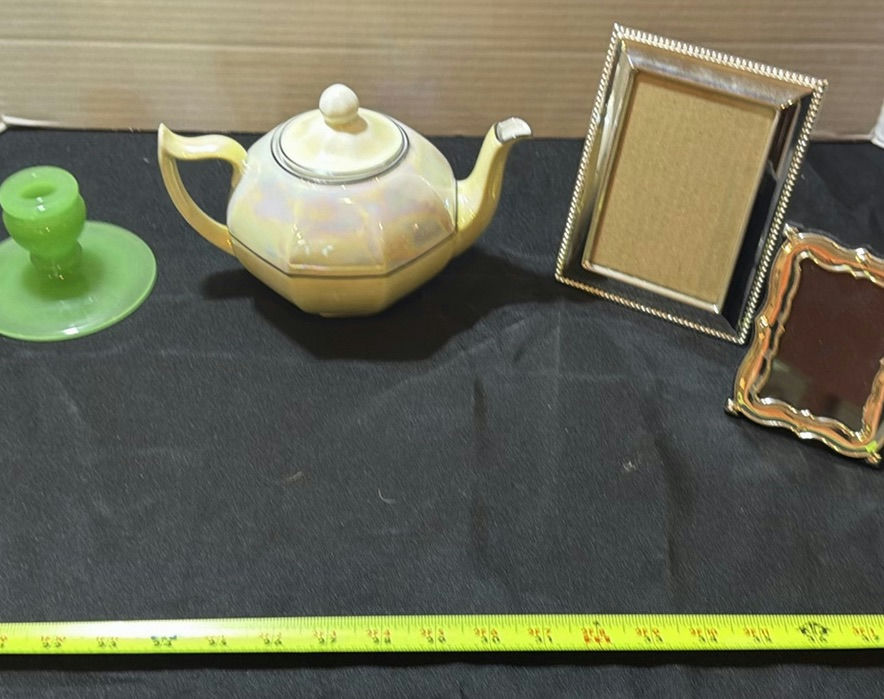 Green Glass Candlesticks, Iridescent Teapot, and Picture Frames - image 1 of 6