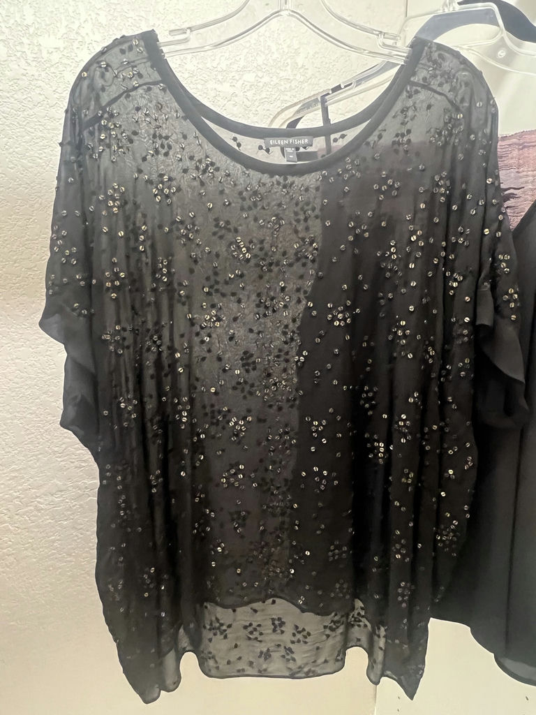 Johnny Was White Embroidered Blouse, Purple Camisole, and Eileen Fisher Black Beaded Top - image 5 of 11