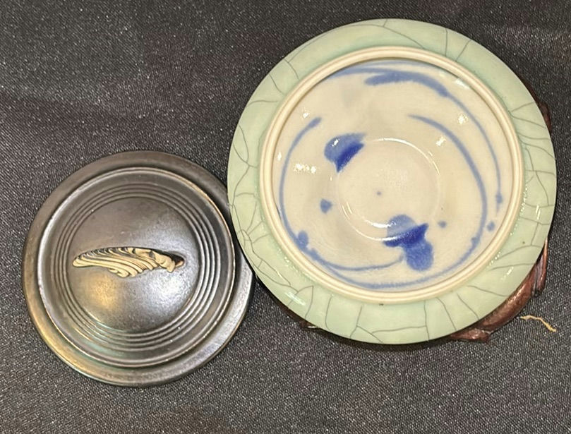Set of Three Ceramic Lidded Containers with Wooden Bases - image 5 of 7