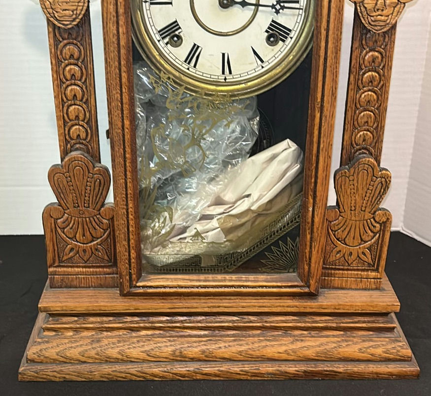 Antique Pressed Wooden Mantel Clock - image 3 of 10