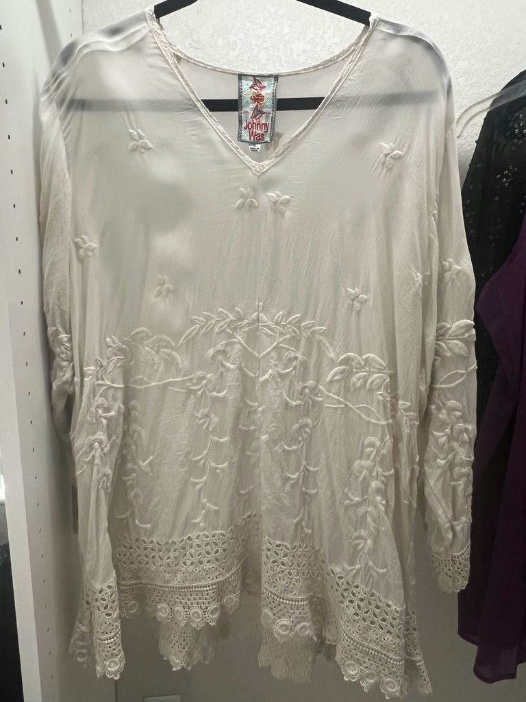 Johnny Was White Embroidered Blouse, Purple Camisole, and Eileen Fisher Black Beaded Top - image 1 of 11