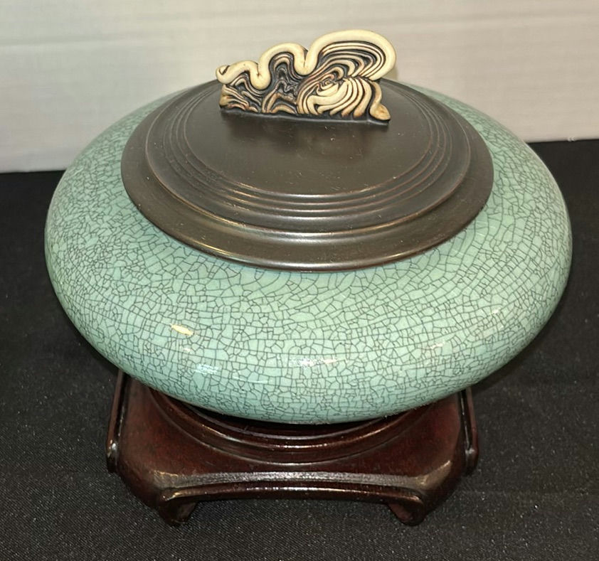 Set of Three Ceramic Lidded Containers with Wooden Bases - image 3 of 7
