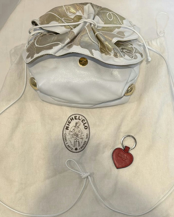 Carlos Falchi White and Gold Handbag with Red Heart Keychain - image 1 of 6