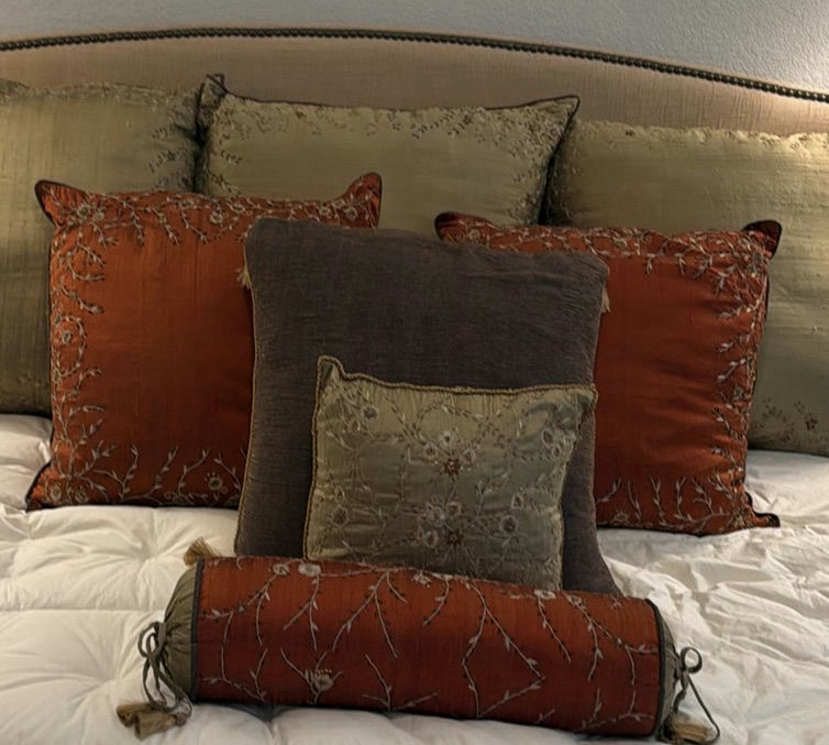Decorative Silk Throw Pillow Set and Cal King Silk Bedspread - image 1 of 13