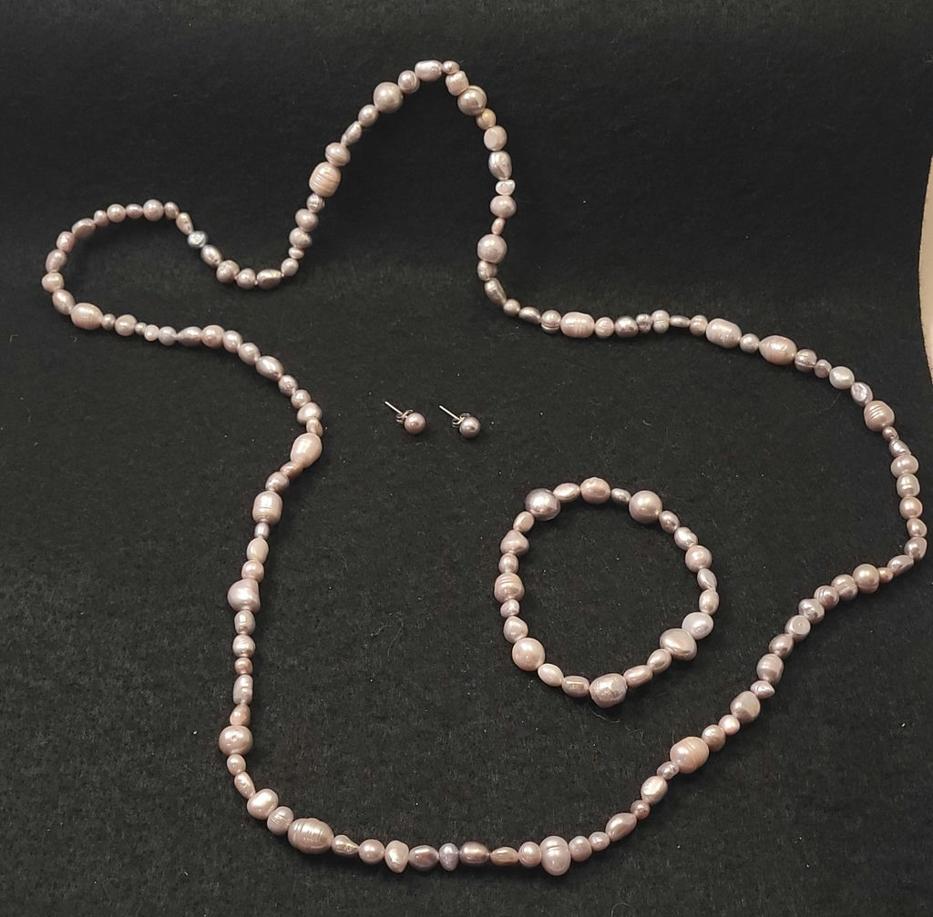 Fresh Water Pearl Necklace w/ Matching Bracelet & Earrings (Grey) - image 2 of 2