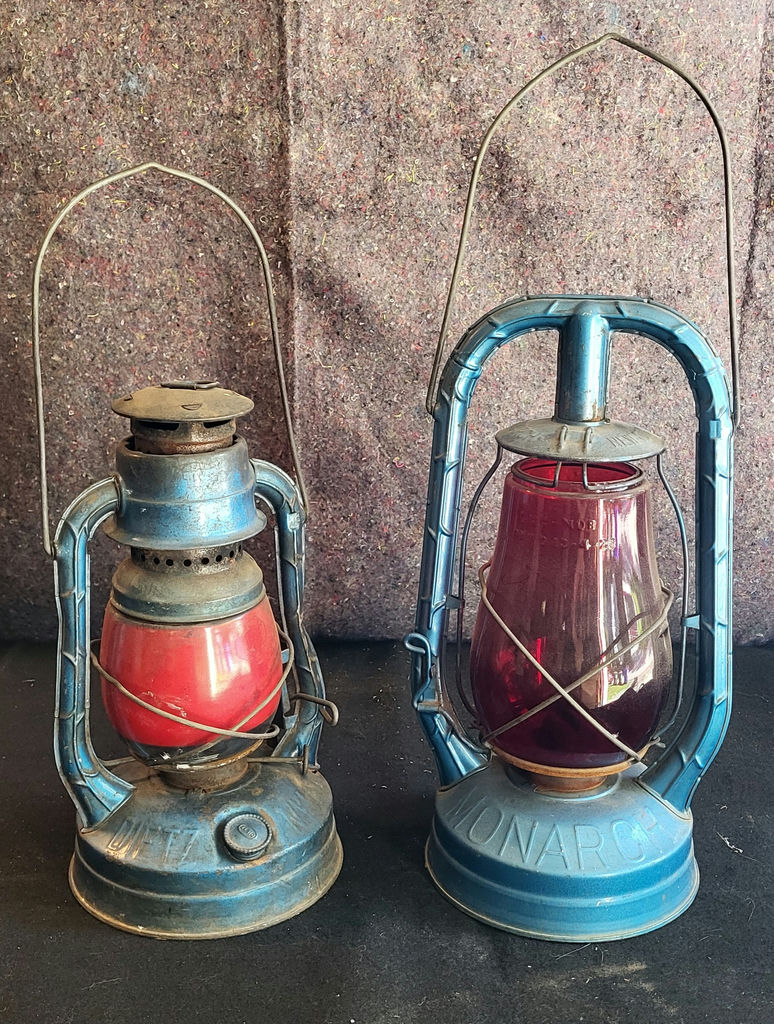 2 Vintage Blue w/Red Glass Lanterns - image 1 of 6