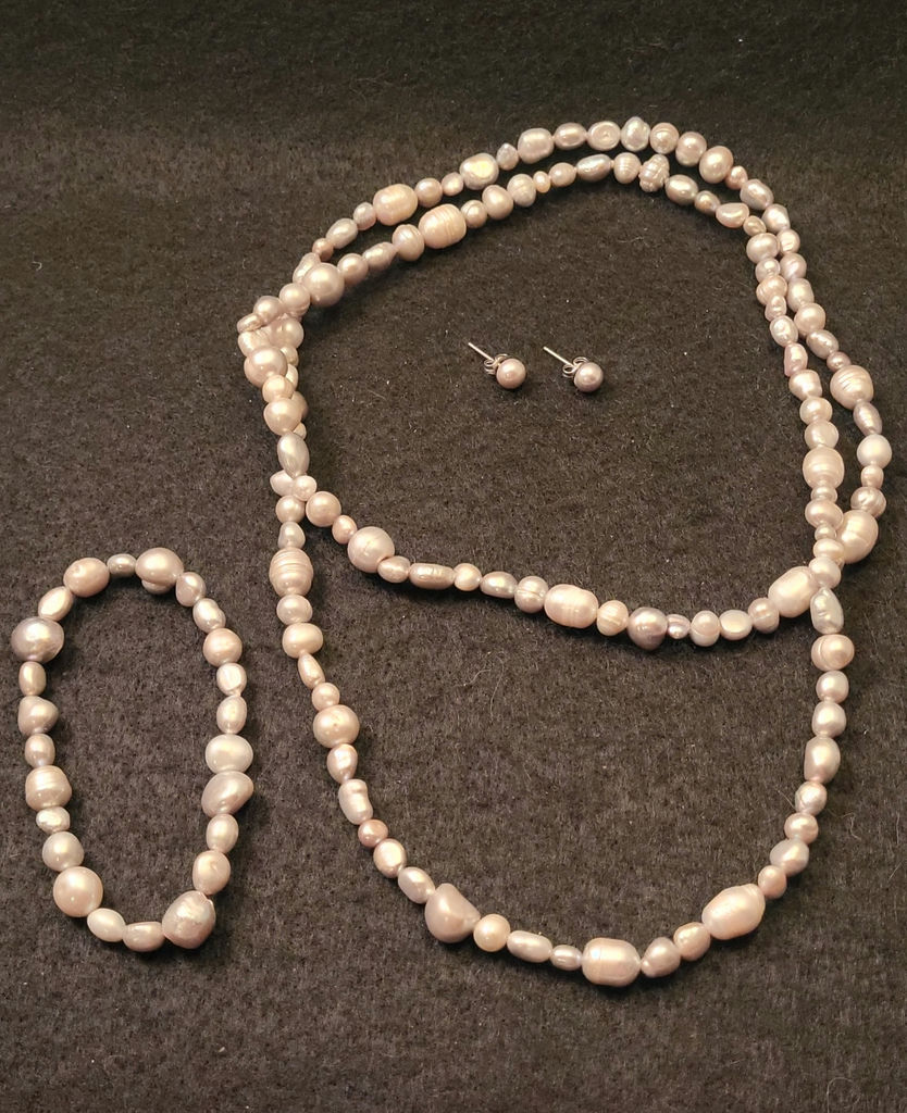 Fresh Water Pearl Necklace w/ Matching Bracelet & Earrings (Grey) - image 1 of 2