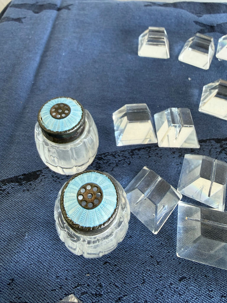 Crystal glass salt and pepper shakers with blue lids and assorted crystal knobs - image 3 of 3