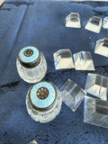 Crystal glass salt and pepper shakers with blue lids and assorted crystal knobs - thumbnail 3 of 3