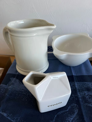 White ceramic kitchenware set: pitcher, creamer, bowl  - Image 1 of 4