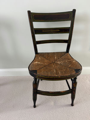 Black painted chair with woven rush seat and decorative back - Image 1 of 3
