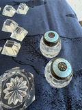 Crystal glass salt and pepper shakers with blue lids and assorted crystal knobs - thumbnail 2 of 3