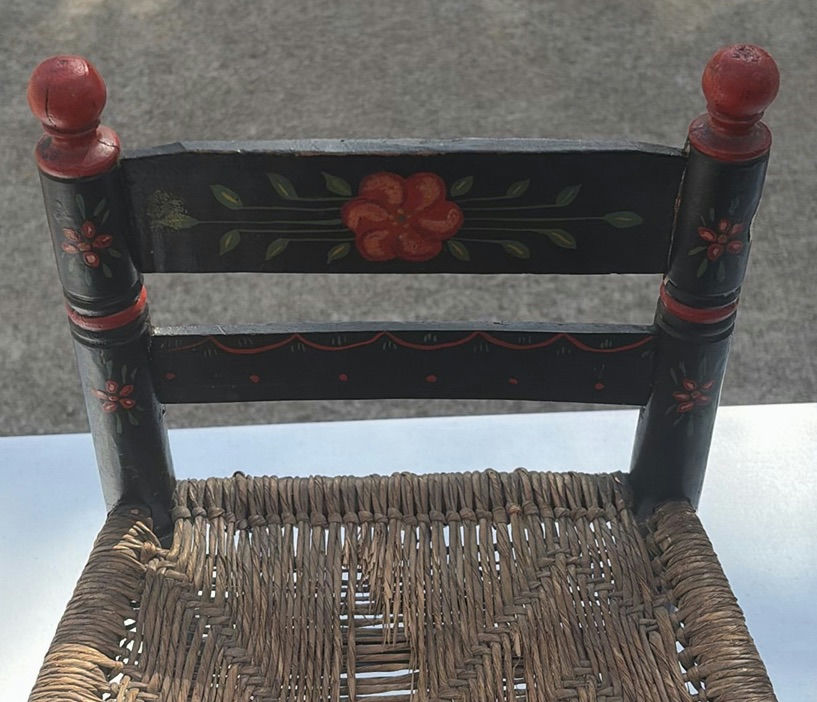 Small black-painted wooden chair with woven seat and floral decoration - image 3 of 8