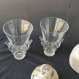 Glass hurricane vases, a floral porcelain ginger jar, and a gold-faced cat sculpture - thumbnail 3 of 6