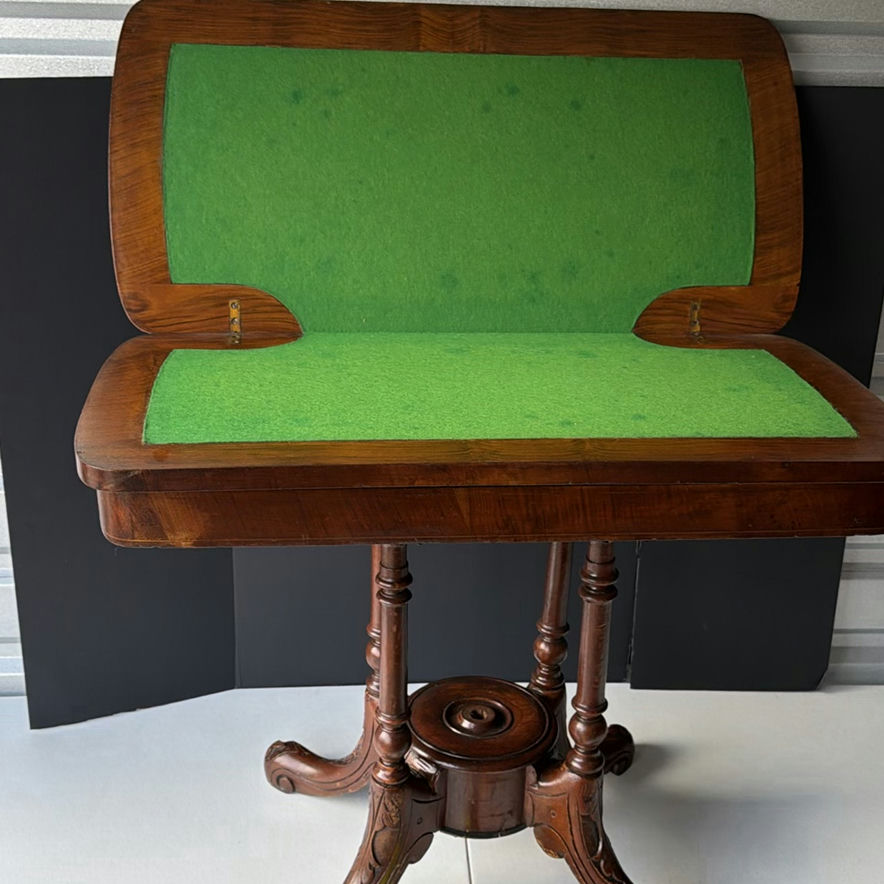 Antique Card Table with Green Baize and Carved Pedestal - image 2 of 11