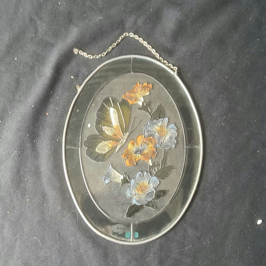 Two crystal champagne flutes and an oval enamel floral butterfly hanging ornament - image 2 of 4