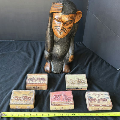 Carved wooden animal boxes and a monkey figurine - Image 1 of 9