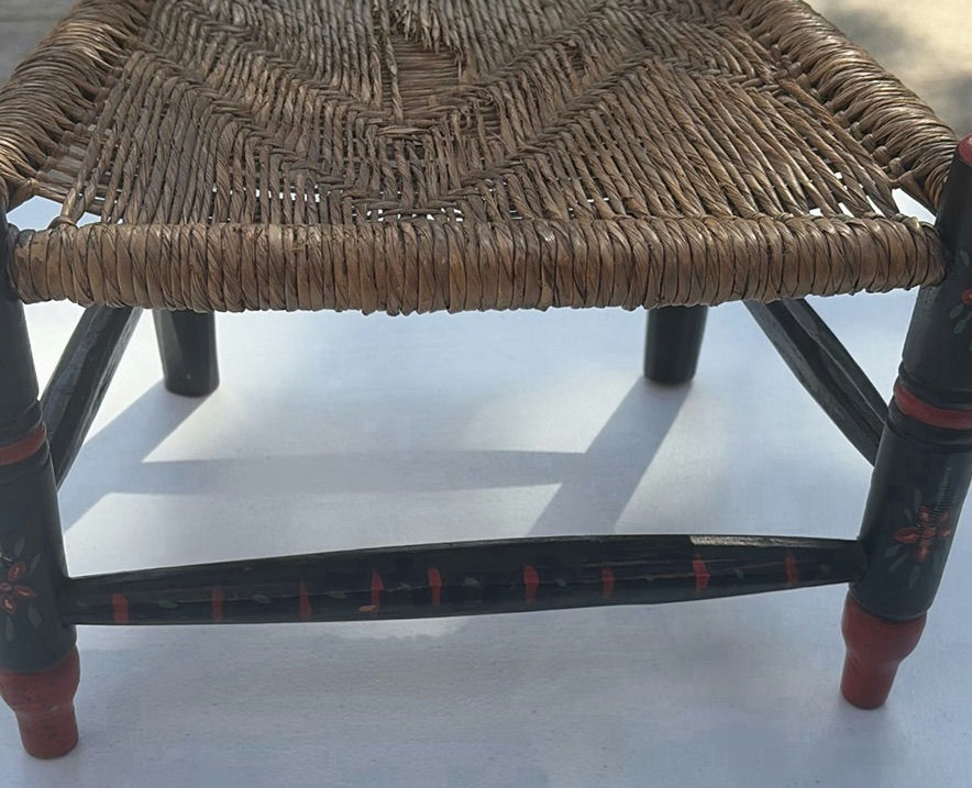 Small black-painted wooden chair with woven seat and floral decoration - image 4 of 8
