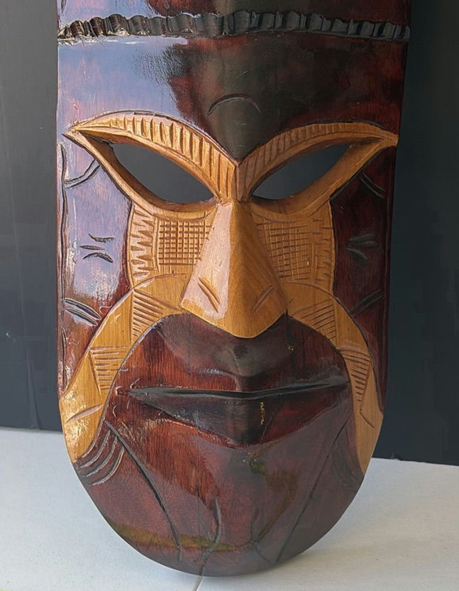 Vertical carved wooden mask sculpture with turtle motif - image 2 of 5
